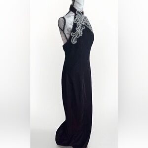 Vintage 90s Velour Velvet Halter Beaded Maxi Party Prom Dress With Slit